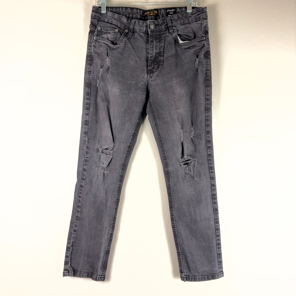 Ring of Fire Mens Distressed Ripped Straight Denim 32x30 Black Gray Stretch